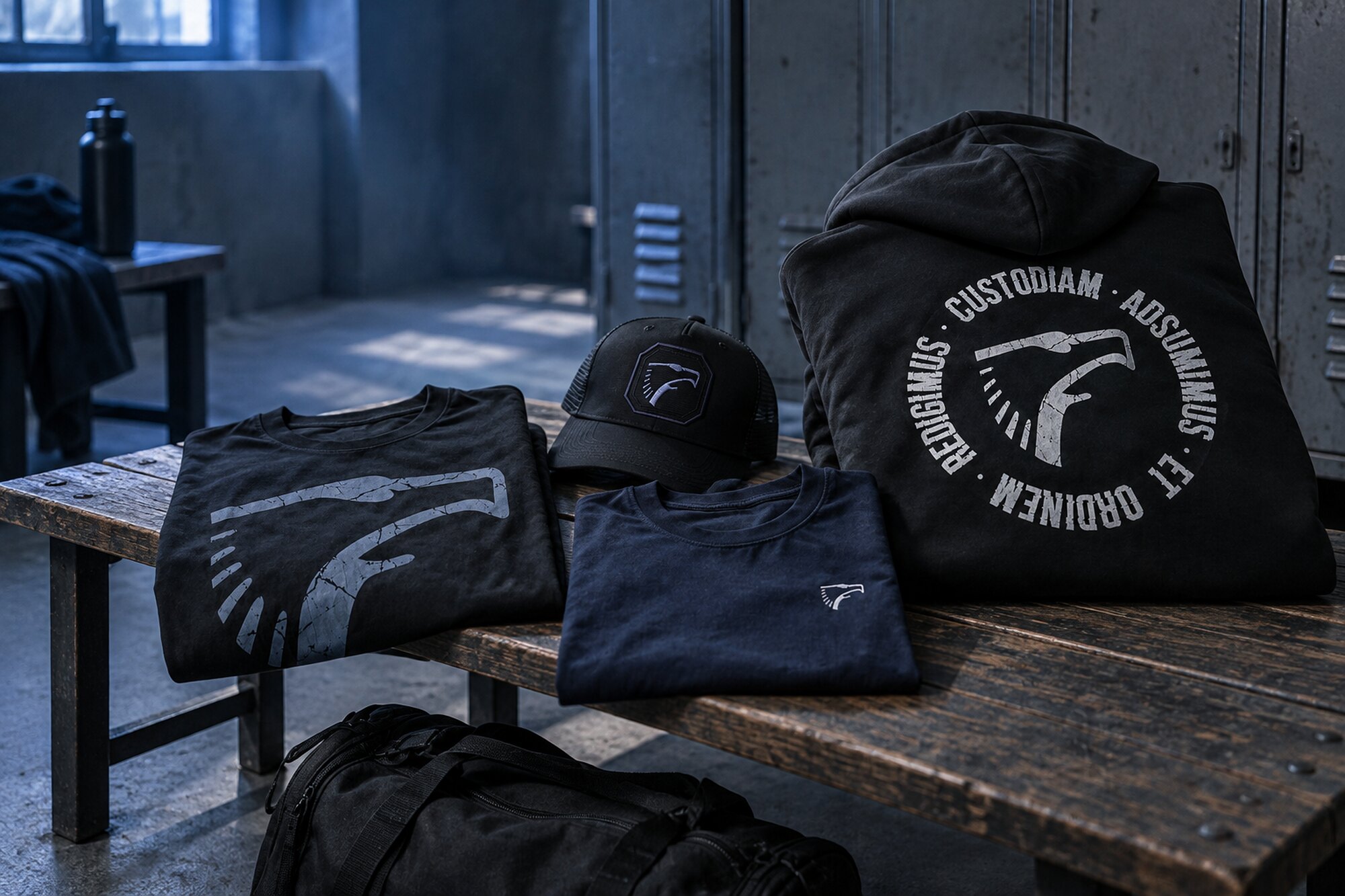 Camisetas, sudadera y gorra BluePanther sobre el banco de un vestuario