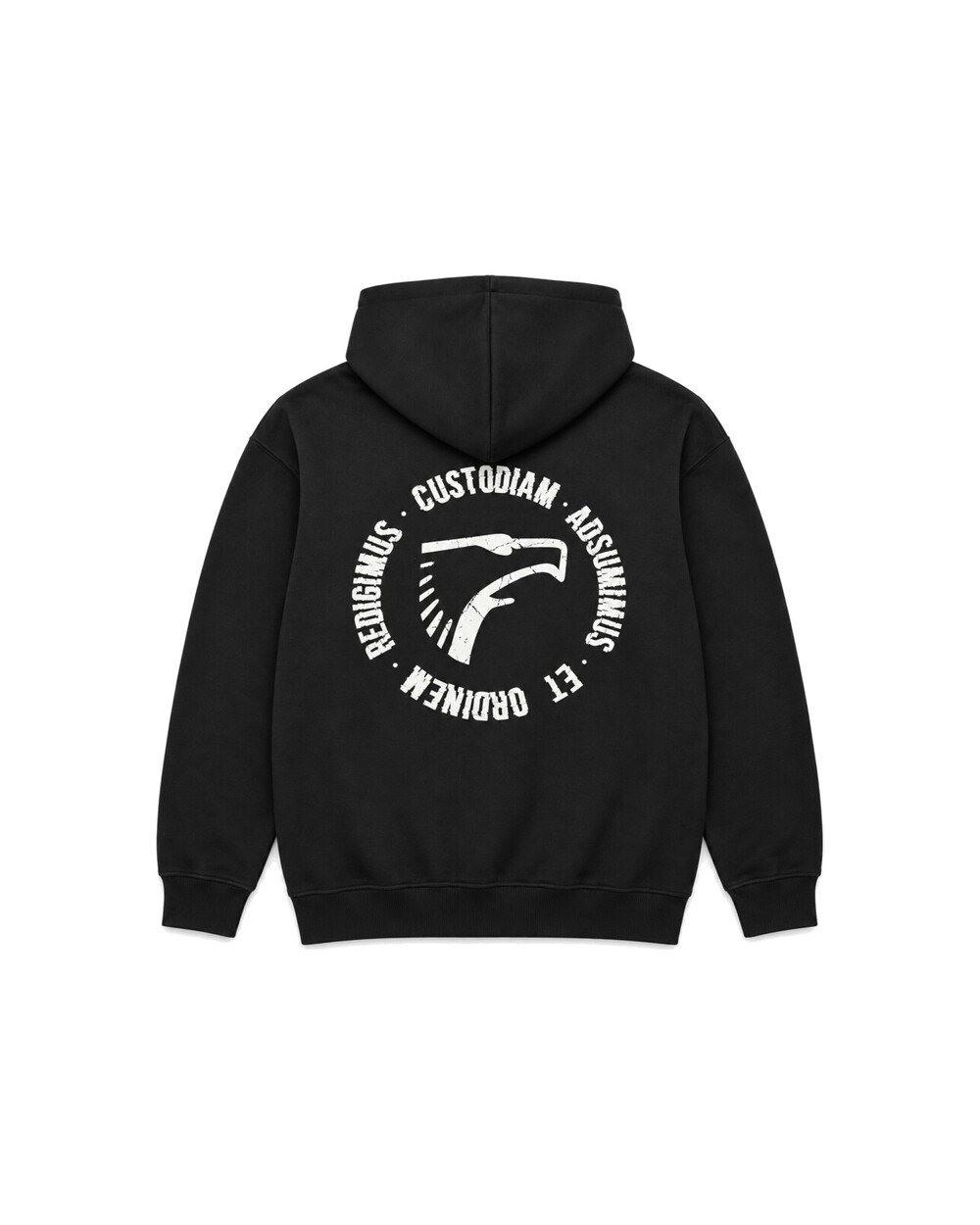 Sudadera con capucha negra, vista trasera con el estampado circular del águila y el lema